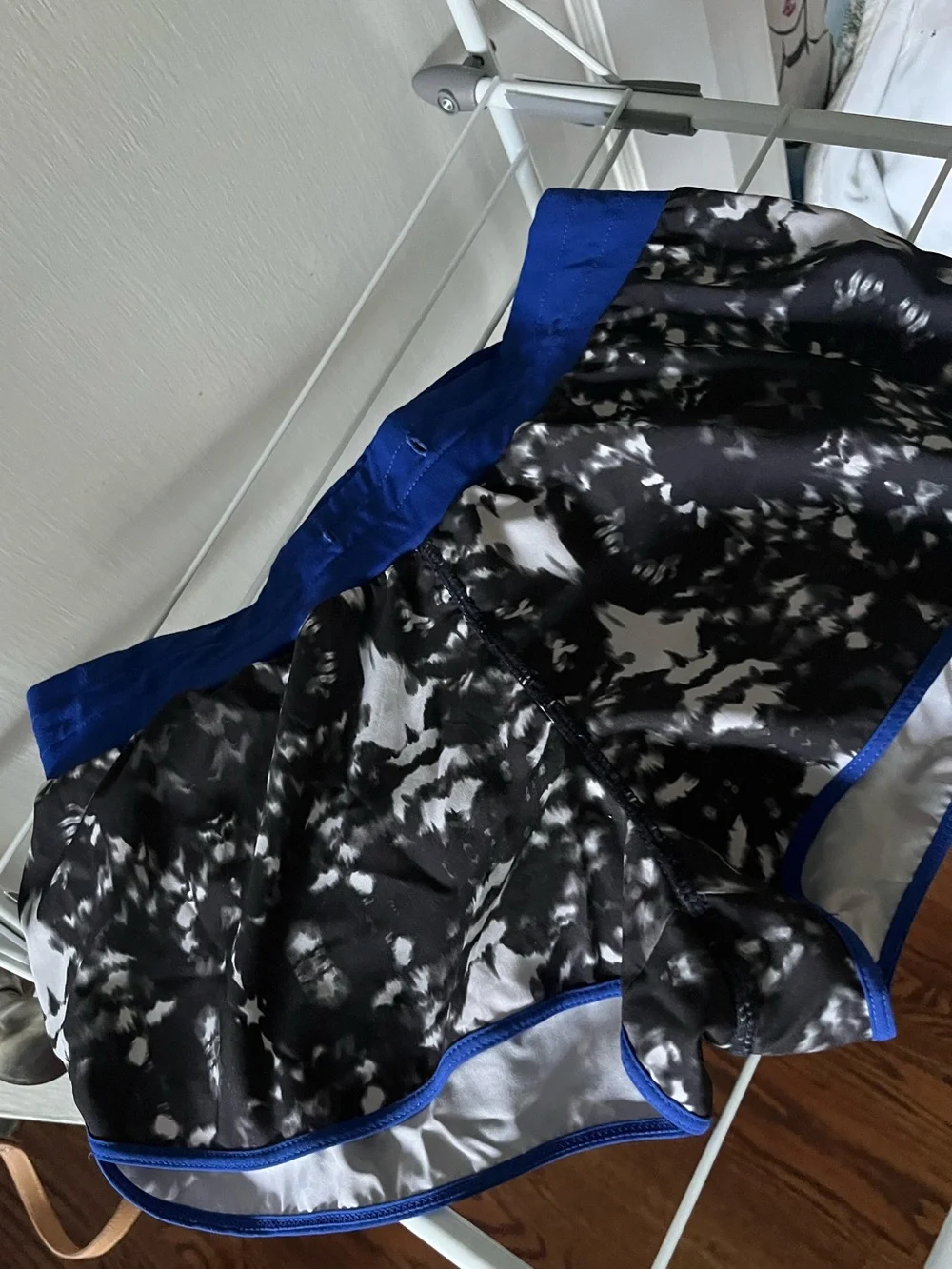Fabletics - Black & White Marble Print Athletic Shorts with Royal Blue Trim - Picture 1 of 5